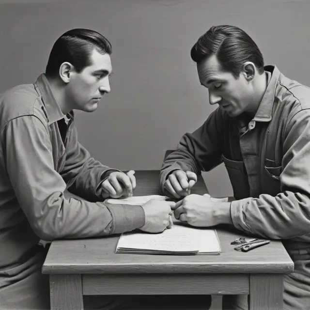 Two prisoners working together around a table, symbolizing cooperation through repeated interactions and formal institutions in the context of the prisoner