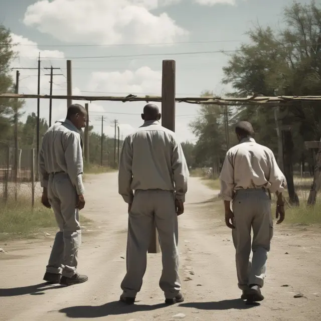 Two prisoners contemplate moral choices at a crossroads, symbolizing the ethical implications of the prisoner