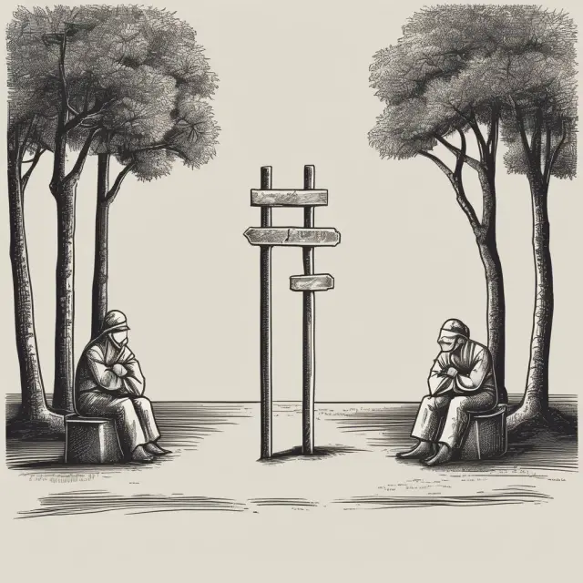 Image of two prisoners standing at a fork in the road, representing the prisoner