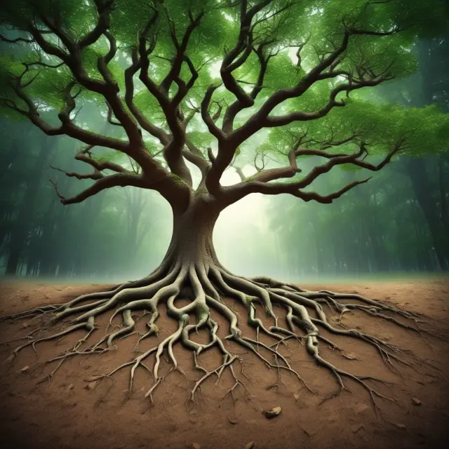 Institutional investors like pension funds and endowments as tree roots in a diverse forest of private equity real estate, representing long-term commitment and financial stability.
