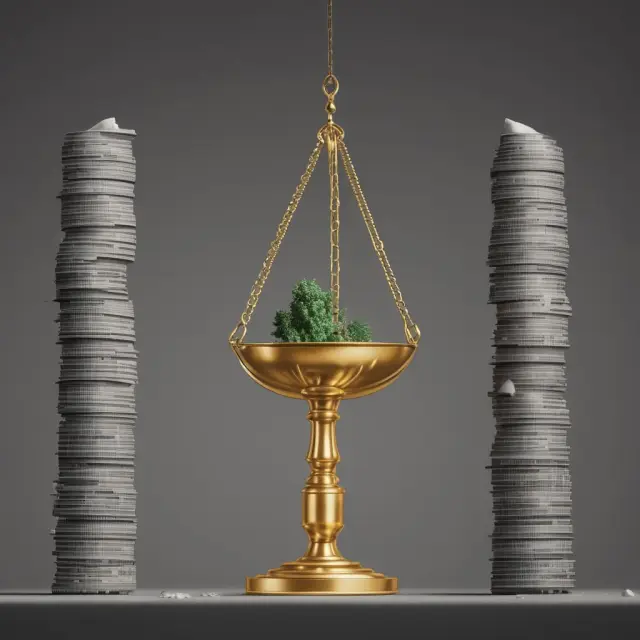 A high-net-worth individual (HNWI) holding a golden scale with one pan filled with stable rental revenues from private equity real estate and the other representing potential long-term capital growth