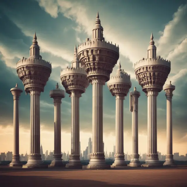 A majestic castle with six pillars representing office buildings, industrial properties, retail properties, multifamily apartments, senior housing, and niche investments in private equity real estate.