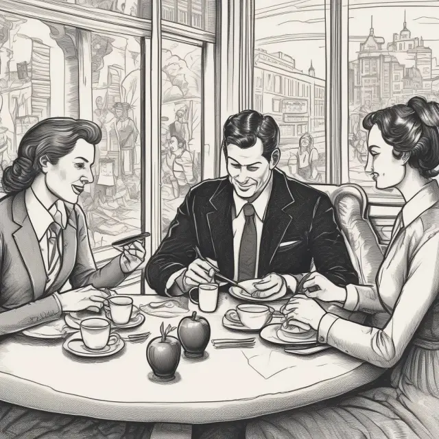 People holding apples, dining at a table, sitting on a plane, and using cellphones represent various tangible examples of private goods.