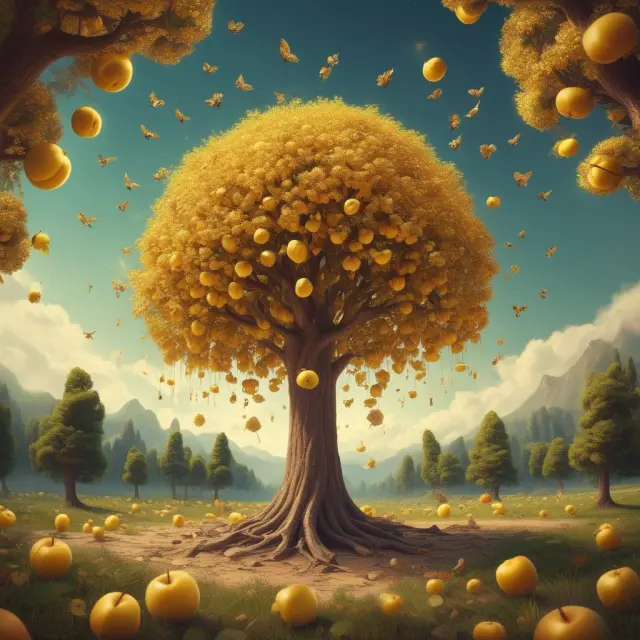 A golden apple tree blooms with ripe fruit, attracting buzzing bees symbolizing consumers. The tree represents profit incentives for producing private goods, preventing the tragedy of the commons