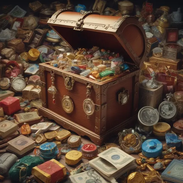 A treasure chest brimming with a collection of diverse private goods, including real estate, art pieces, luxury vehicles, and gold, representing the potential benefits and challenges for investors.