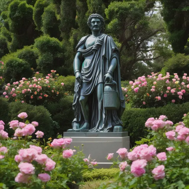 A garden displaying patented flowers and trademarked roses, symbolizing intellectual property rights, surrounded by lawbooks and guarded by a wise statue representing property law