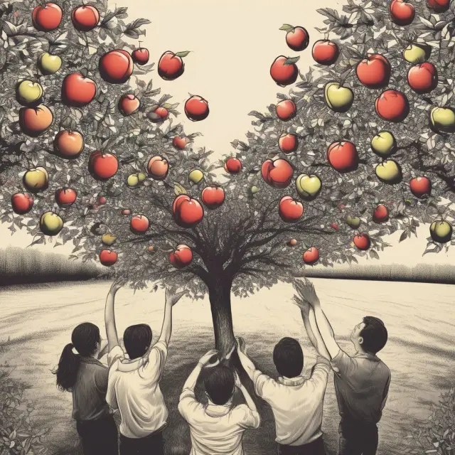 People reaching for a single apple tree branch, illustrating the rivalrous and excludable nature of private goods