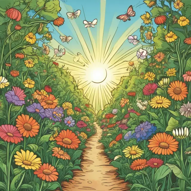 A vibrant garden teeming with various businesses symbolizing profit motive, competition, diversity, and growth, nurtured under the sun of fairness.