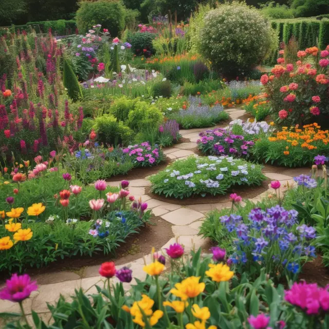 An enchanting garden teeming with flowers representing various private sector organizations: sole proprietorships, partnerships, small businesses, corporations, multinationals, and associations.