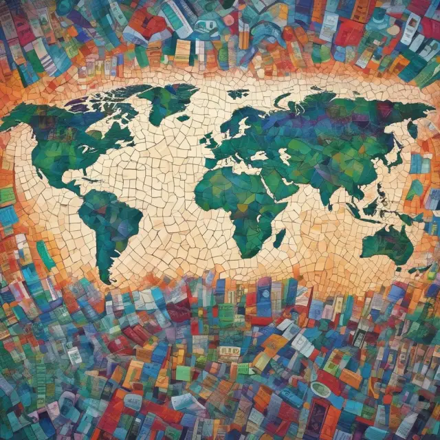 An intricate mosaic depicting diverse global markets experiencing regulatory challenges, legal threats, and financial instability.