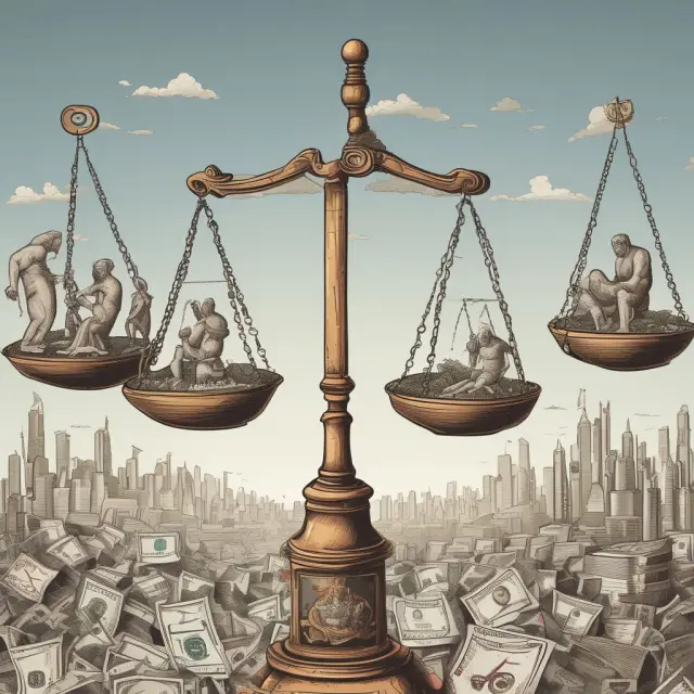 Scales tipping between government burden, public sector borrowing, and private profits symbolizing controversies surrounding Private Finance Initiatives (PFIs)