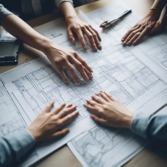 Two hands collaboratively working on a blueprint, representing public-public partnerships