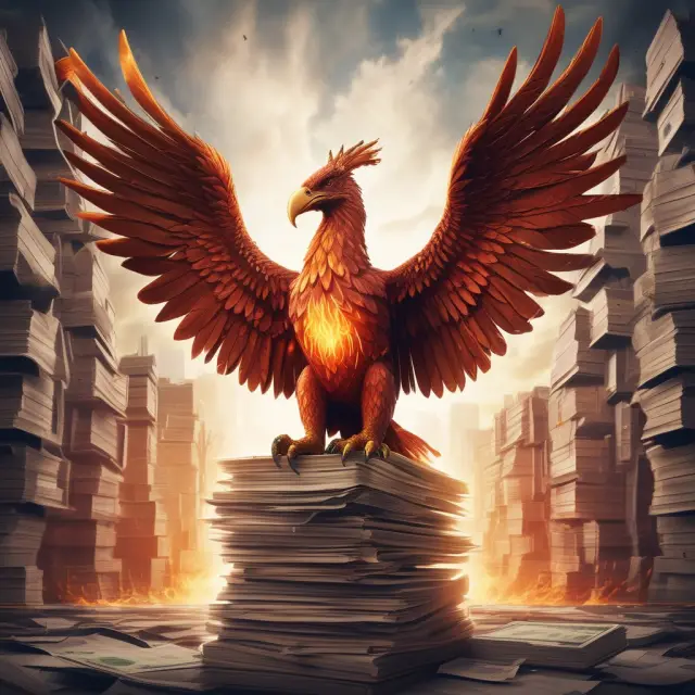 A phoenix rises majestically from a pile of financial reports, illustrating the transformative power of private equity funds