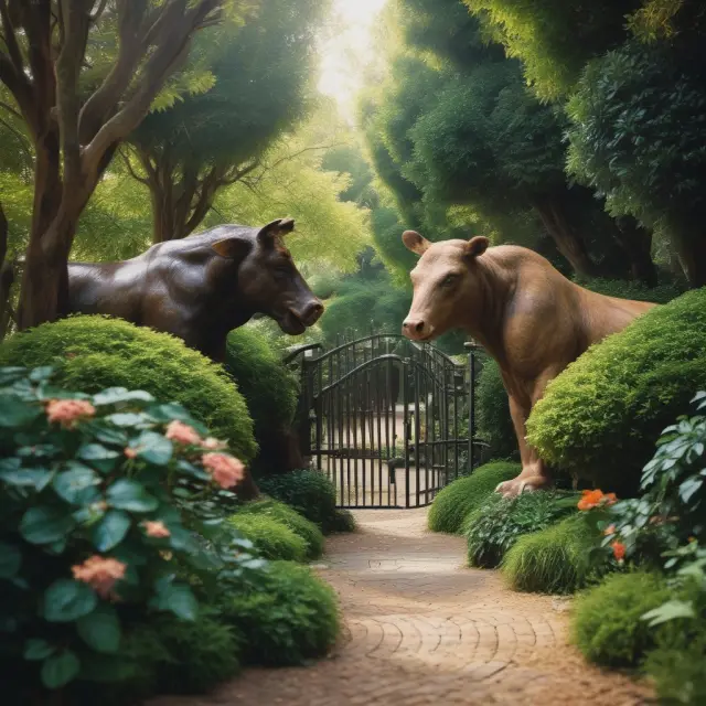 An image of a private bull and bear engaging in an animated conversation within a lush garden, emphasizing the exclusivity and secrecy surrounding private investment funds.