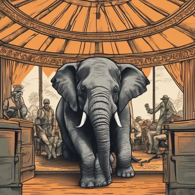 An elephant symbolizing private placements hides in a VIP tent, contrasted with a rhino representing IPOs roaring at the stock exchange