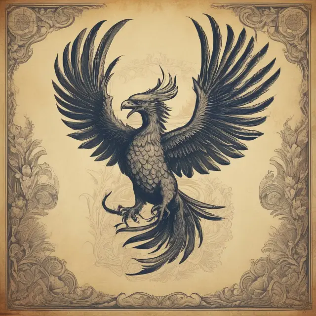 An ancient parchment unfurling to reveal intricate business details, with a phoenix emerging from ashes, illustrating the transformation of a company through private placement