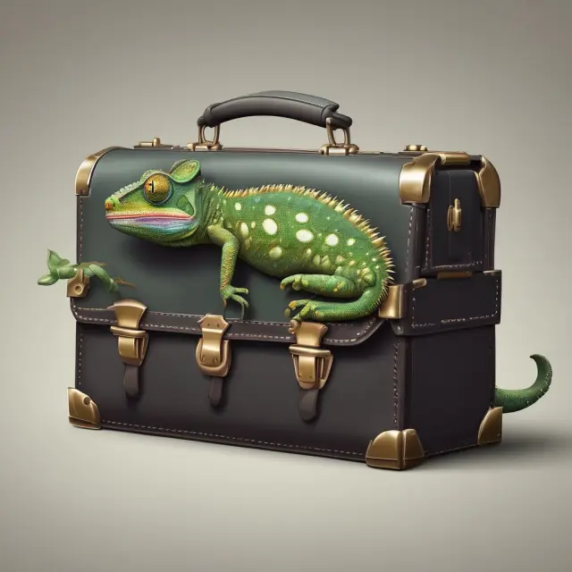 A chameleon representing the government morphs into a briefcase held by private hands, illustrating privatization