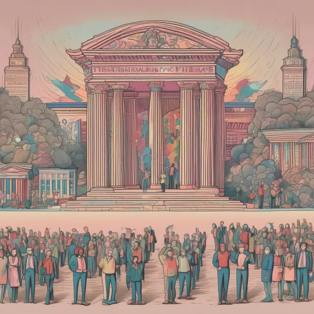 A balance with prismatic hands representing public and private entities tipping back and forth over various institution symbols