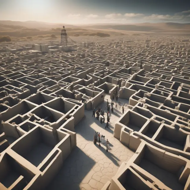 An intricate maze with prisoners balanced atop scales, illustrating the ethical dilemma of privatized prisons.