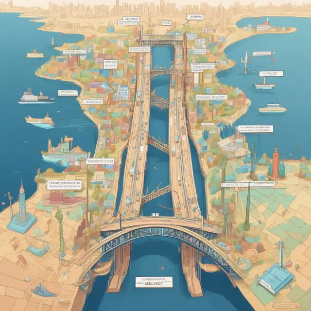 An image of a stylized bridge connecting two continents, representing international transactions. Labels and headers on the bridge symbolize the pro forma invoice.