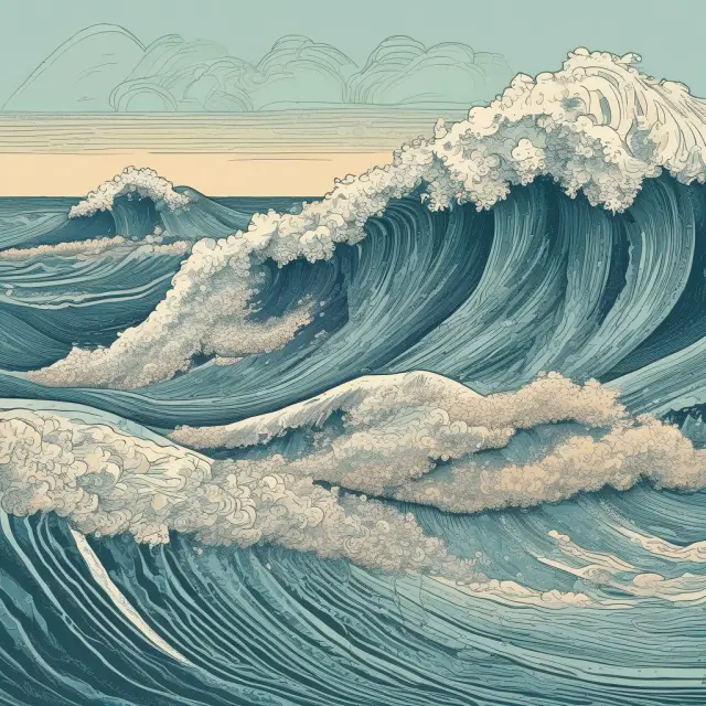 A serene beach with probability distributions depicted as distinct waves, each representing insurance, actuarial science, and finance applications.