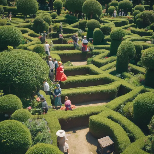 Whimsical characters representing probate terms (executor, administrator, etc.) navigating a garden maze