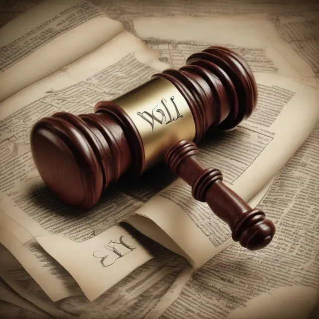 A judge wielding a gavel molds a will on a scroll amidst piles of legal documents in a probate court setting.