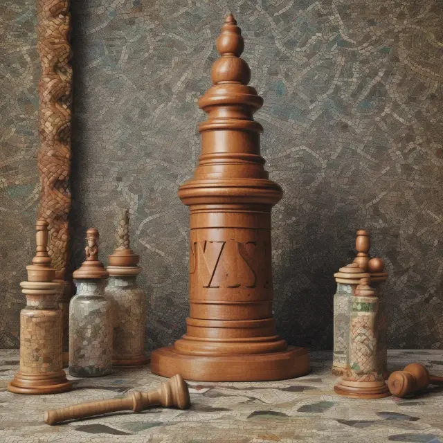 Judge in probate court presides over a mosaic of jars representing intestacy (assets distributed according to state law) and scrolls symbolizing wills