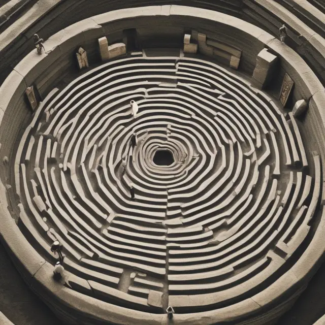 A maze representing probate proceedings with an executor guiding a person through the labyrinth, illustrating the legal complexities of managing a deceased person