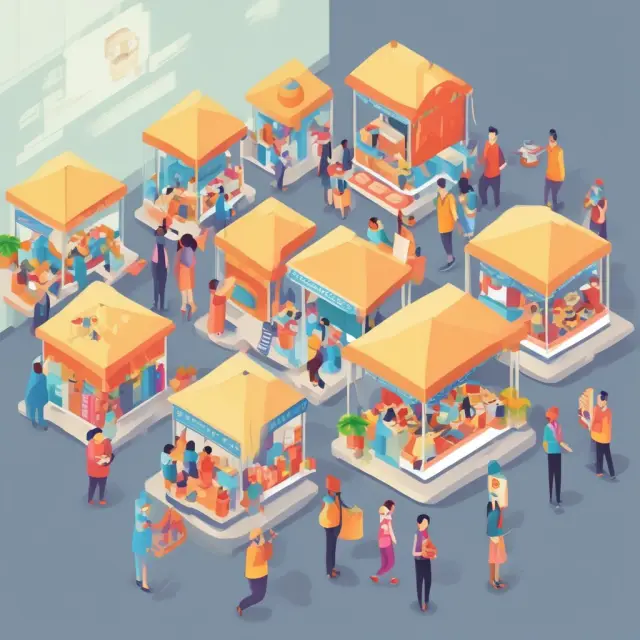 Marketplace scene showing various vendors competing for business procurement bids.