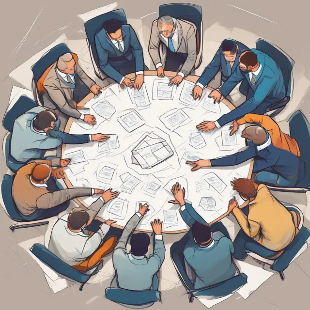 A vibrant scene of competitive bidders presenting proposals at a procurement table to win a business partnership