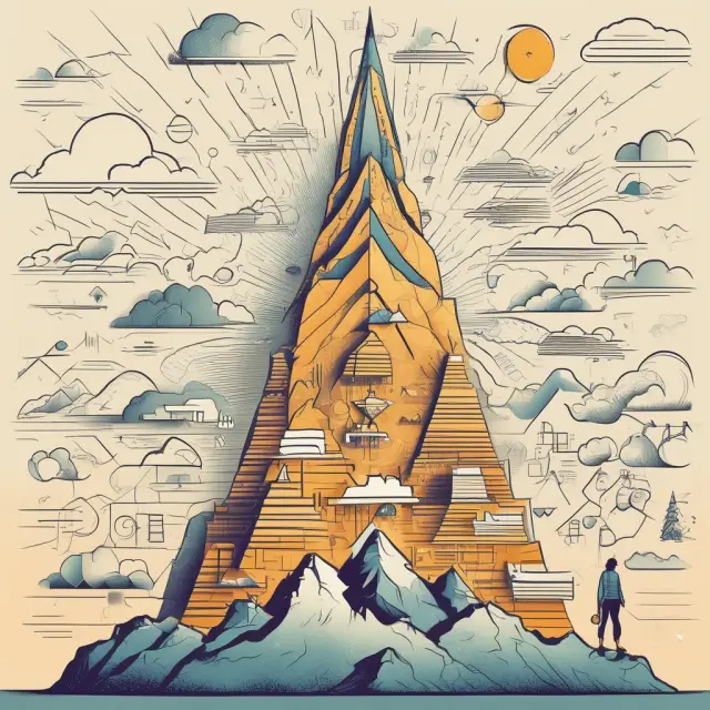A strategic sourcer overseeing a vast landscape of data atop a mountain, surrounded by golden suppliers representing strong relationships and value creation.