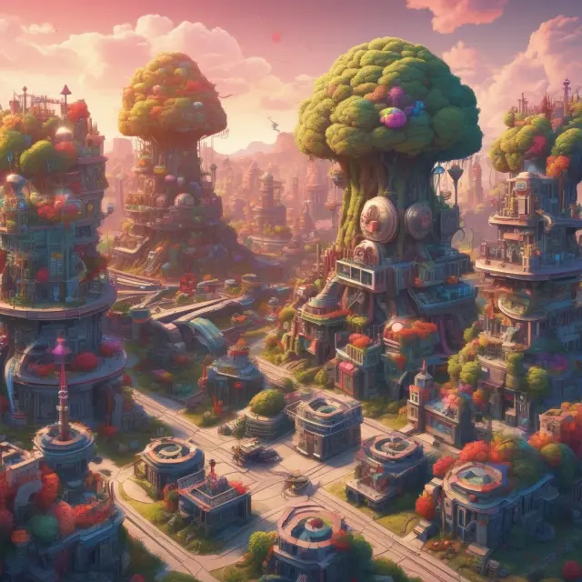 An image of a digital landscape showcasing an automated factory with AI brains and interconnected marketplaces, symbolizing technology