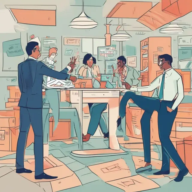 Two figures, one representing a buyer and another a seller, engaged in a graceful dance on a bustling digital marketplace, symbolizing the interplay of supply and demand in business procurement.