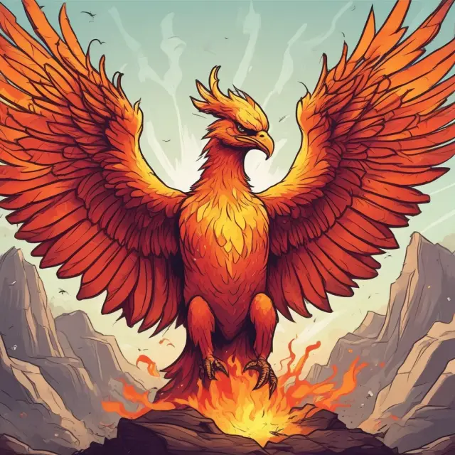 A mythical business phoenix rises from the flames of a marketing campaign fire, illustrating a new product