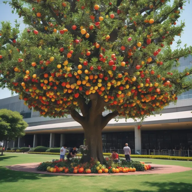 A mature tree symbolizing a company in the maturity stage, bearing fruit (products) while competitors attempt to nibble at its branches. The tree flourishes with innovation and new product offerings.