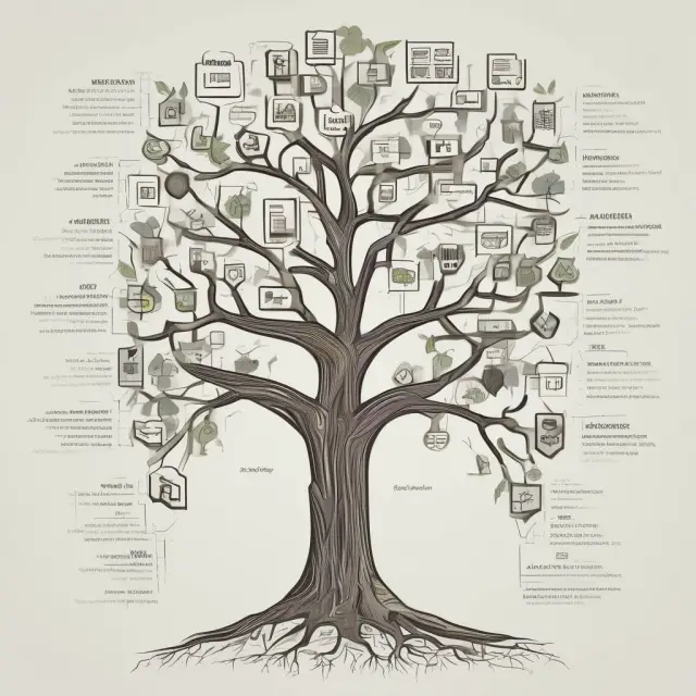 A visualization of interconnected product lines forming a tree rooted in a company