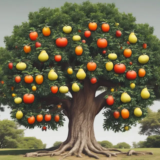 A mature tree with various branches bearing fruits of different sizes symbolizes the margin variation among products within a portfolio.