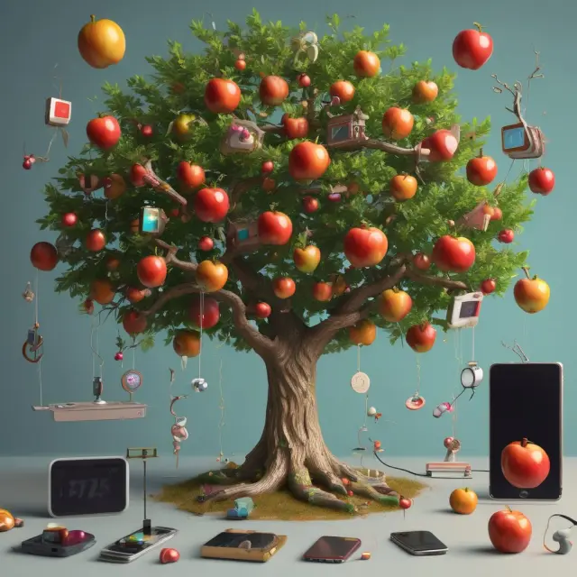 An apple tree with a prominent iPhone branch laden with golden fruits amidst other tech devices signifies the significance of this product to Apple