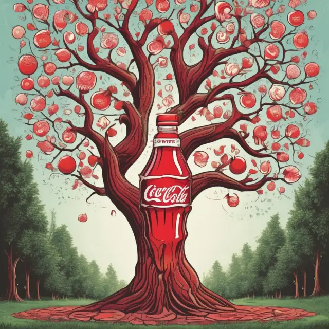 Red contour bottle with branches growing various Coca-Cola beverage flavors