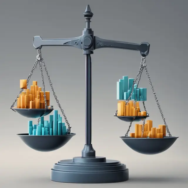 An industrial scale has one side weighted with a gold coin symbolizing production costs, while the other is balanced with silver coins representing manufacturing costs.