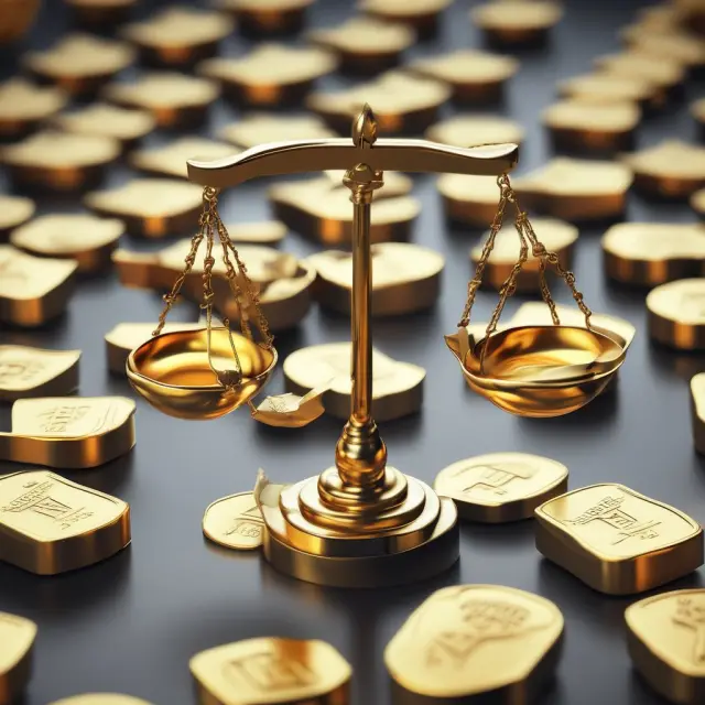 Institutional investors scrutinizing scales balancing gold bars, factories, and financial charts to evaluate production costs