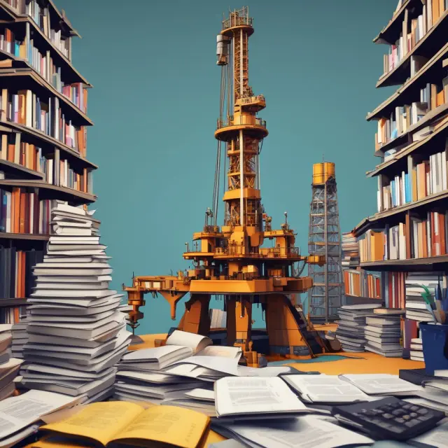 A drilling rig in an oil field with accounting books and calculators, representing production cost analysis in the oil industry