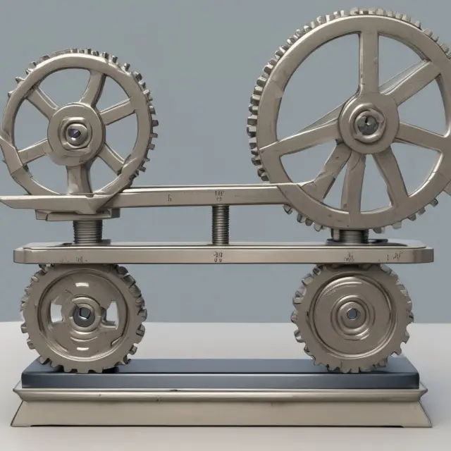 Gear cogs symbolize production levels on a balance scale, with efficient output tipping the balance towards ideal efficiency