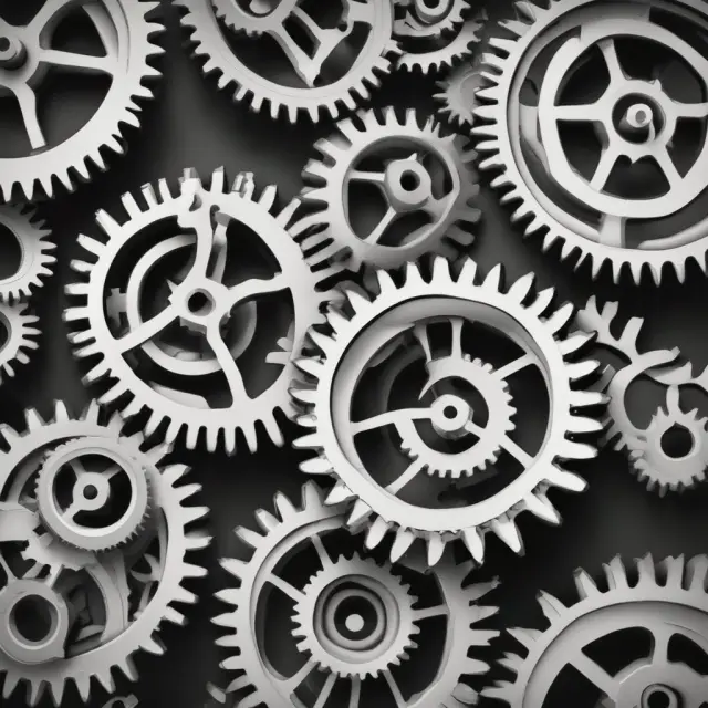 A visualization of interconnected gearwheels working together to represent the benefits of production efficiency and resource optimization