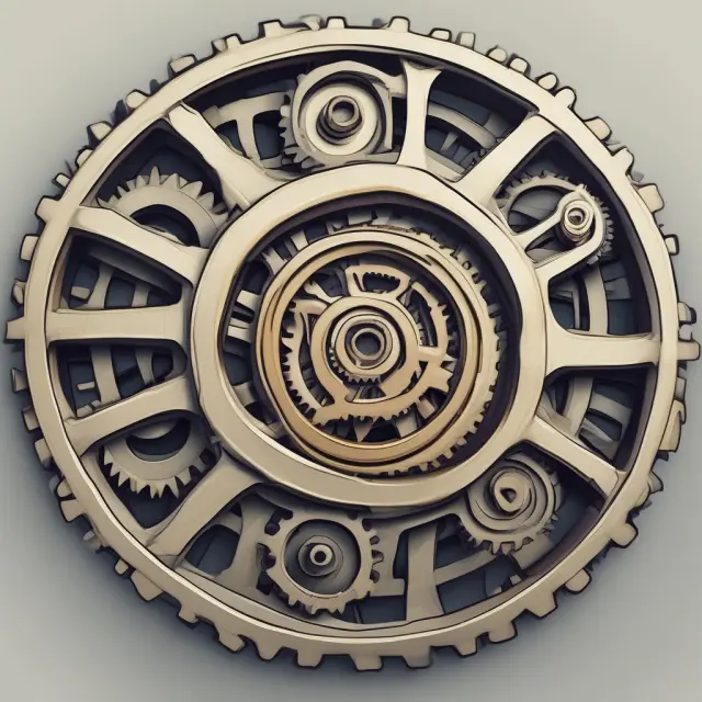 A cogwheel mechanism illustrating production efficiency factors: economies of scale, technology, labor productivity, and capacity utilization.