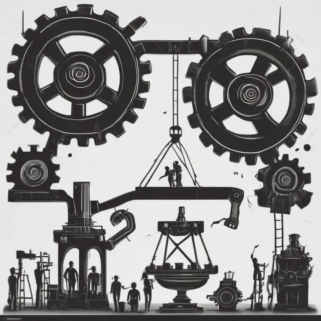 Factory scene with a balance: Teetering scale filled with gears and workers, showcasing production efficiency