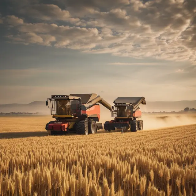 Workers harvesting wheat with advanced machinery: Capital, Labor, and Technology boosting labor productivity