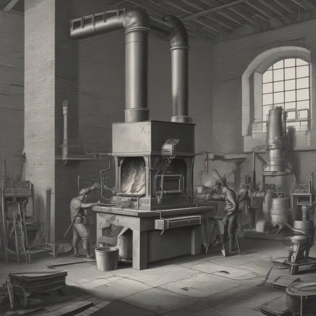 Image of a smelting furnace with a scale measuring aluminum production versus energy and material inputs