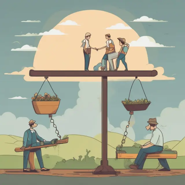 A seesaw balancing a hardworking farmer with a productive field (symbolizing productivity) and an investor planting seeds in the ground (symbolizing investment)